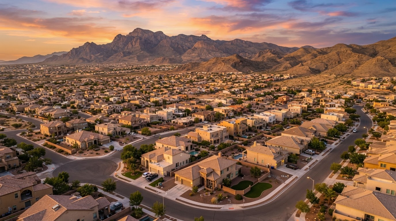 Aerial view of a suburban El Paso, Texas neighborhood at sunset with desert mountains in the distance