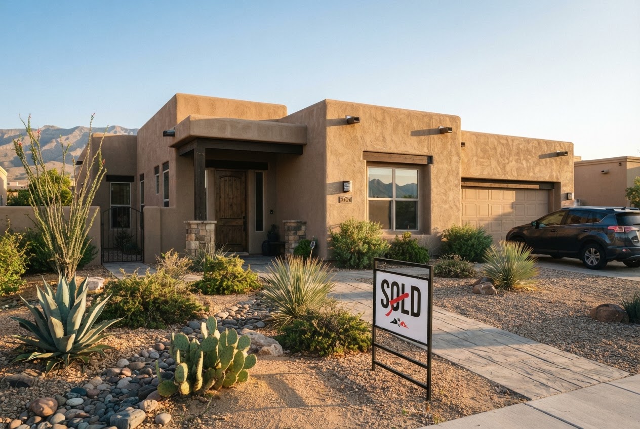 Southwest style home with a sold sign