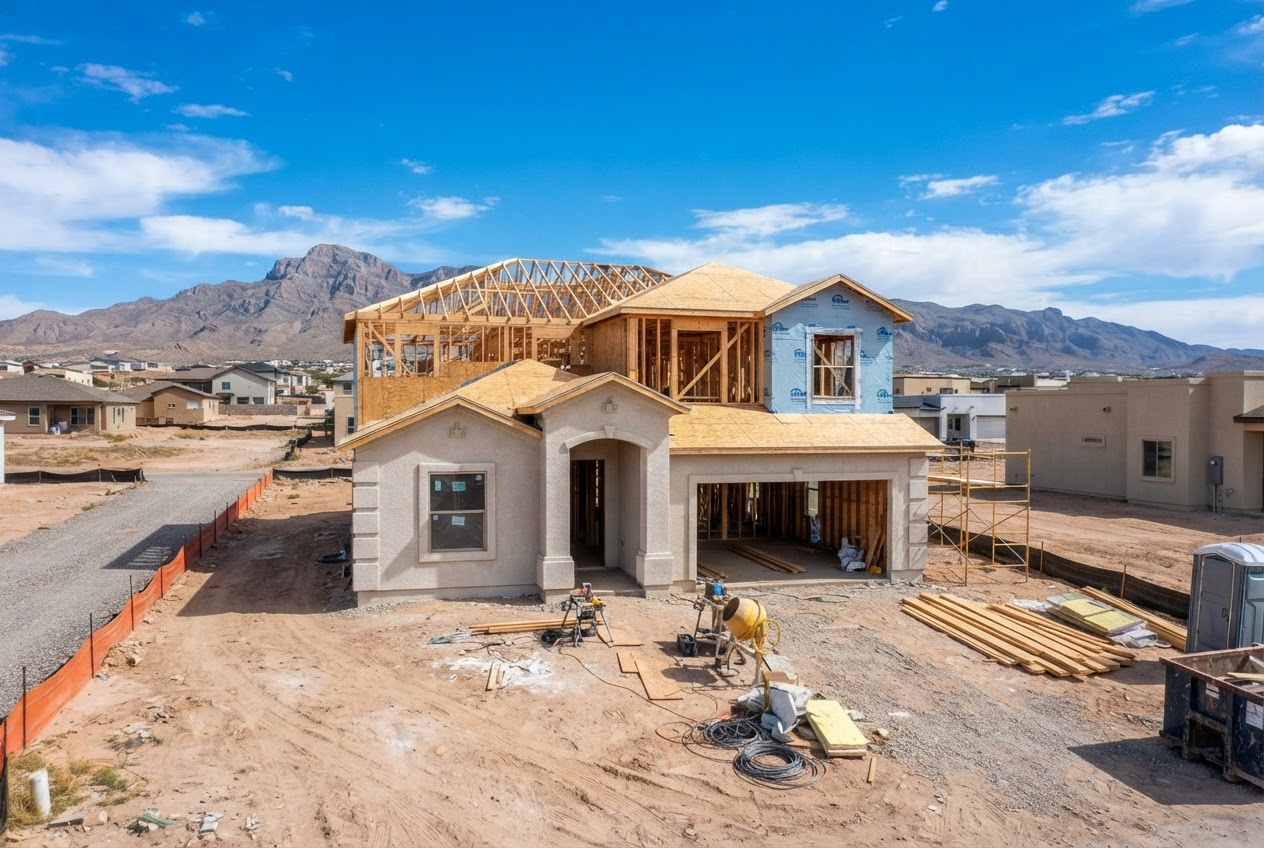 New construction home under a desert sky
