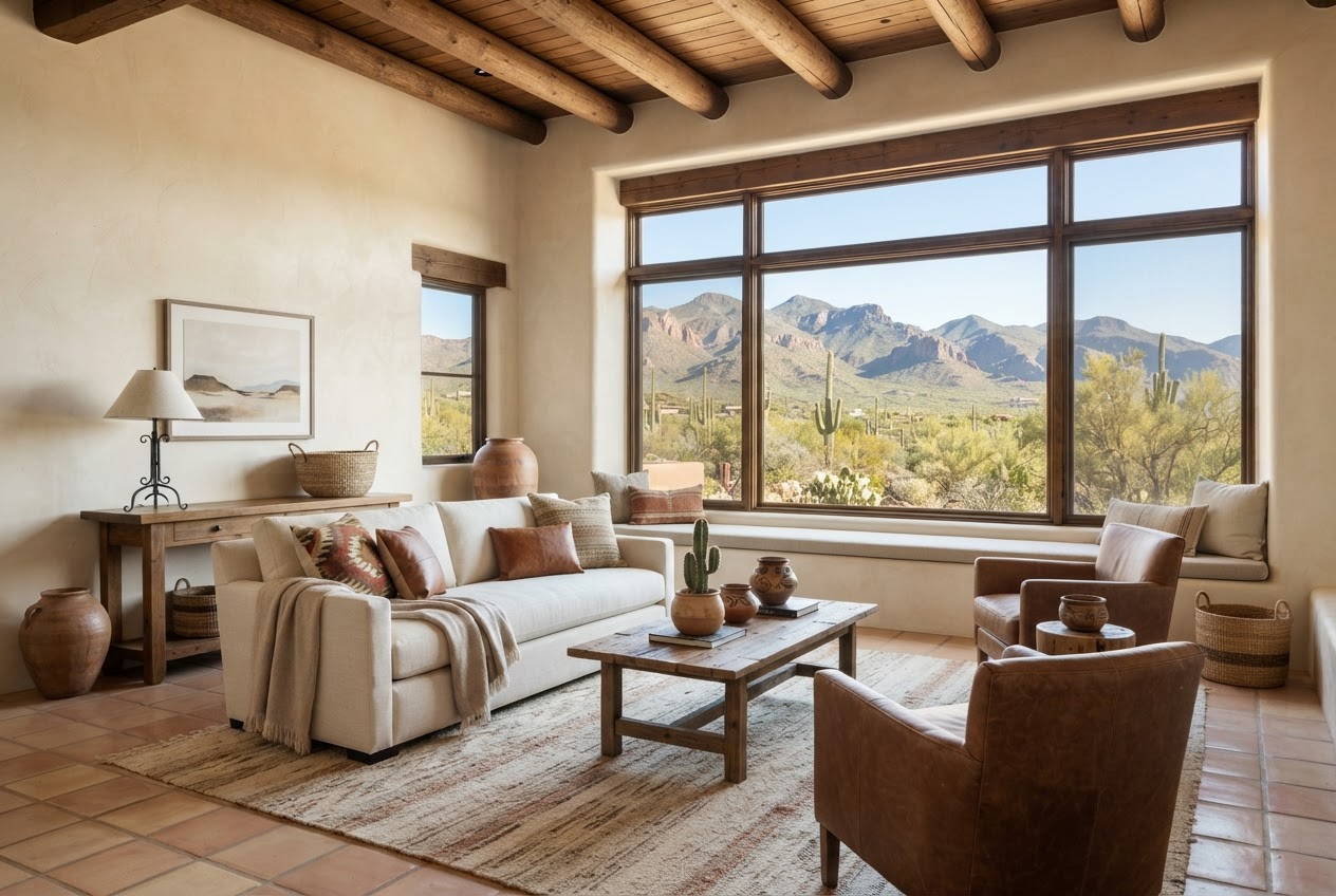 Bright staged living room with a desert mountain view