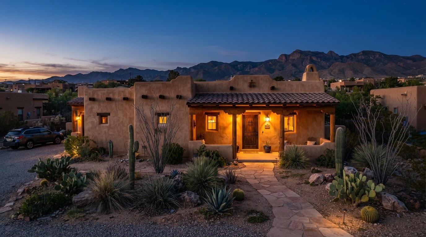 Southwest desert stucco home exterior at dusk